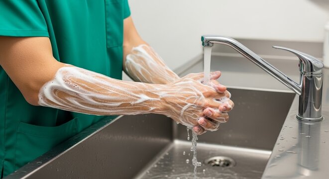 Close-up of a surgeon heavily lathering their hands and forearms with antibacterial soap while scrubbing in for surgery.