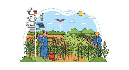 Obraz premium Farmers monitor field conditions next to a smart weather station and drone to improve crop yields through precision agriculture data.