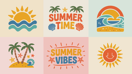 summer themed illustrations vector sun waves palm trees shells starfish beach seasonal vacation holiday travel tropical design graphic artwork pattern background © MdRafiqul