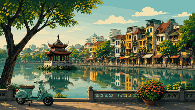 Postcard illustration of Hanoi with lake, pagoda roofline, narrow heritage buildings and scooter silhouette