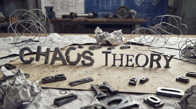 Chaos theory concept with metal letters on blueprints and crumpled paper in a cluttered workshop