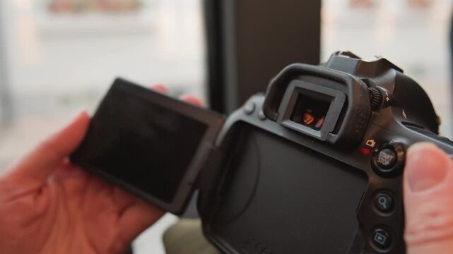 Closeup hands flipping camera screen, content creator testing preview and playback for vlog, checking exposure and focus, stabilizing grip, connecting cable, windowlit indoor setup and steady