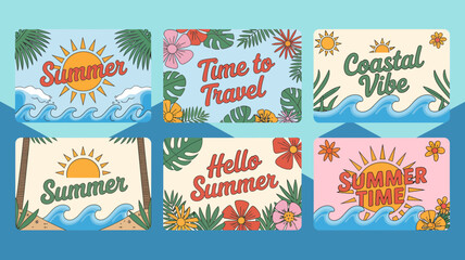 summer themed vector cards travel coastal vibe hello time sun waves flowers palm leaves beach holiday seasonal illustration graphic design vacation © MdRafiqul