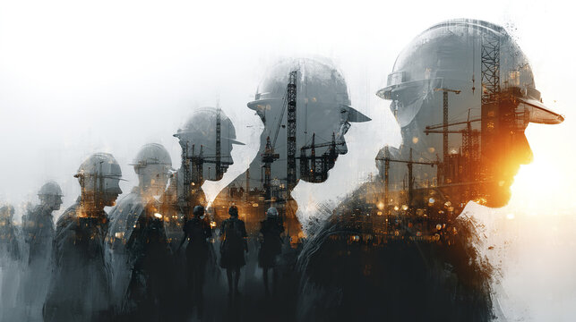 Construction worker silhouette Industrial site Safety helmet Building crane Teamwork concept Urban development Sunset light Double exposure Engineering project Cityscape