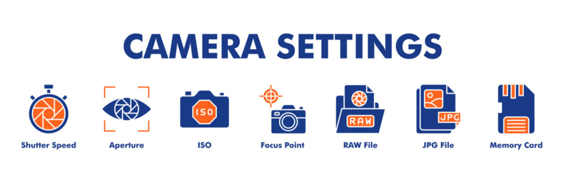 CAMERA SETTINGS web banner icon vector illustration concept for business with icon of Shutter Speed, Aperture, ISO, Focus Point, RAW File, JPG File, Memory Card 