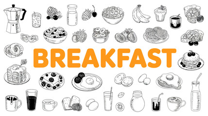 breakfast food collection line art illustration sketch black white orange text mood morning meal coffee tea egg pancake fruit banana berry © MdRafiqul