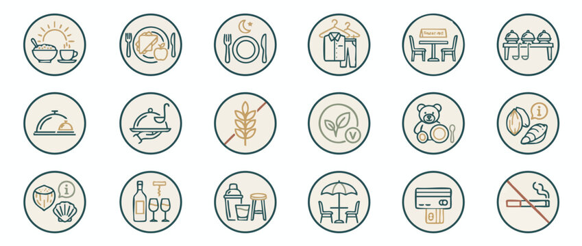 Restaurant and Hospitality Line Icon Set Isolated on Transparent