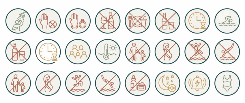 Public Pool Safety, Spa Rules and Restrictions Icons. Linear Signs for Water Park Policy, Swimming Instructions, and Forbidden Actions
