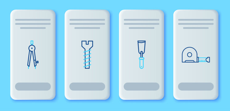 Set line Metallic screw, Putty knife, Drawing compass and Roulette construction icon. Vector