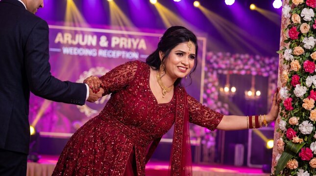 Smiling Indian woman in a maroon dress dancing at a brightly lit wedding reception, holding her lower back as if experiencing sudden back pain.