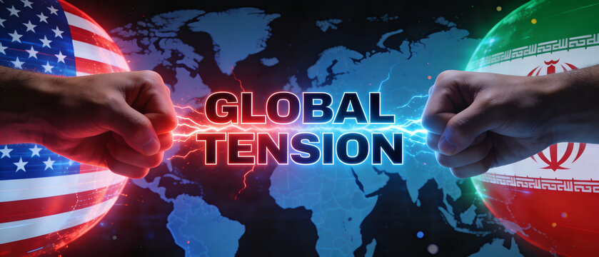 Two Clenched Fists Wrapped In The Flags Of The United States And Iran Face Off Against Each Other Separated By A Crackling Electric Charge And The Words Global Tension Over A Digital World Map Backg