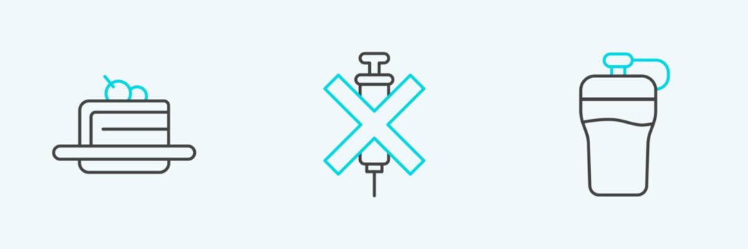 Set line Fitness shaker, Cake and No doping syringe icon. Vector