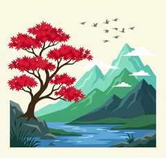 A vibrant red tree stands beside a calm blue mountain river © arnesta