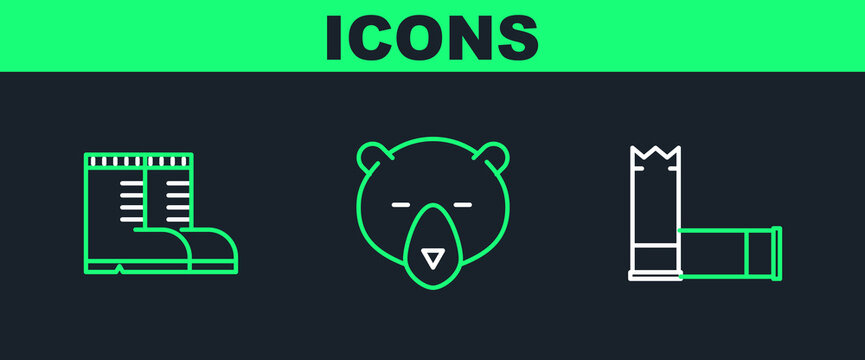 Set line Cartridges, Hunter boots and Bear head icon. Vector