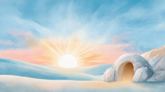 Soft watercolor sunrise over an empty tomb scene for easter holiday background poster and wallpaper design