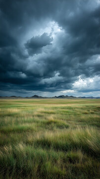Storm clouds gathering over a vast green field with distant mountains, depicting changing weather and nature's power