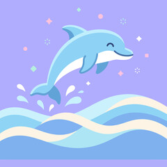 A cute blue dolphin jumping out of the ocean waves happily © Maiza