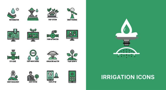 Set of smart irrigation and agriculture technology icons for farm management and automation.