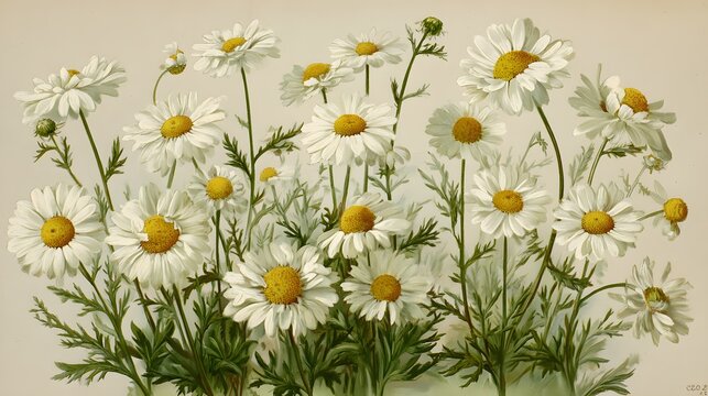 Old chromolithograph illustration of Botany, scentless false mayweed, scentless mayweed, scentless chamomile, wild chamomile, mayweed, false chamomile, and Baldr's brow