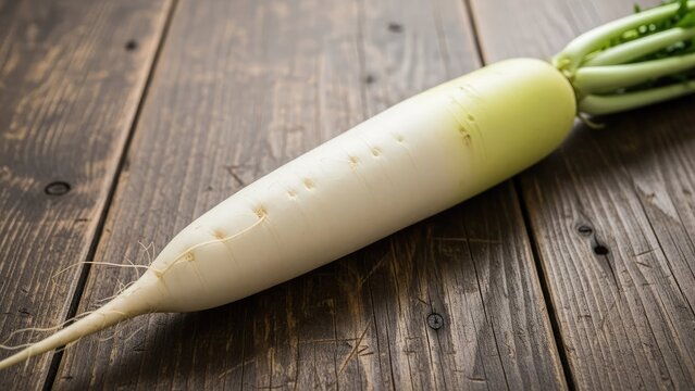 Single white daikon radish on dark wooden background.