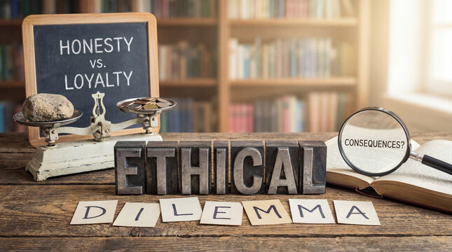 Ethical dilemma concept featuring honesty vs loyalty on a scale, assessing moral choices and consequences