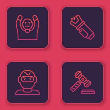 Set line Thief surrendering hands up, mask, Police electric shocker and Judge gavel. Blue square button. Vector