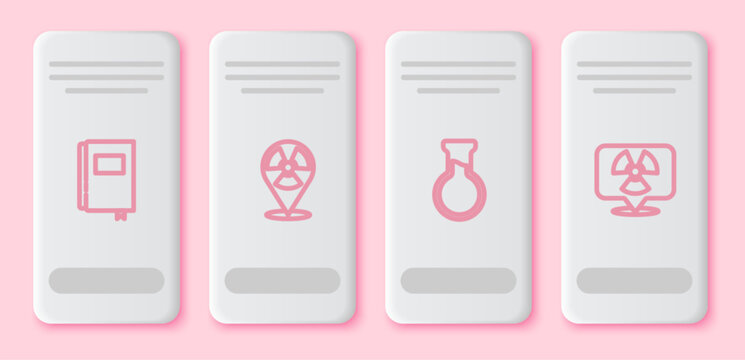 Set line Book, Radioactive in location, Test tube and flask and . White rectangle button. Vector