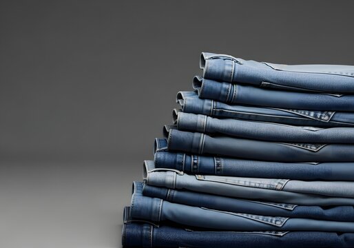 A tall stack of neatly folded denim trousers in various shades of blue presents a compelling visual narrative of casual wear and wardrobe staples, showcasing textile texture and garment