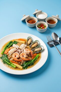 Generated AI set photos delicious seafood wide rice noodles in gravy