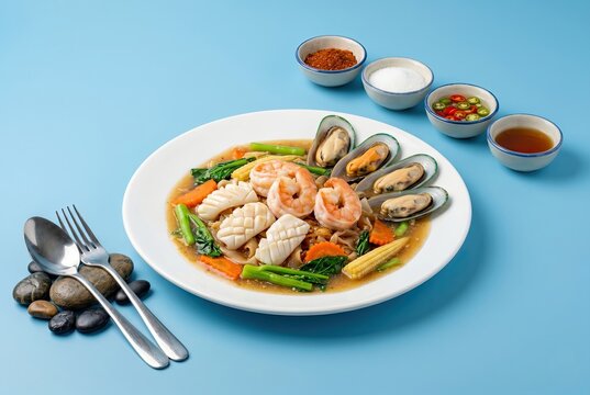 Generated AI set photos delicious seafood wide rice noodles in gravy
