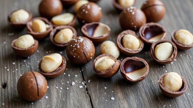 Macadamia nuts in shells on wooden background.