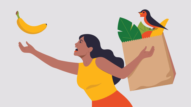 Woman character looking surprised as a yellow banana falls out of her brown paper grocery bag which also contains a bird and plants.
