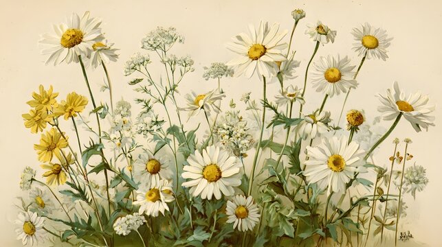 Old chromolithograph illustration of Botany, scentless false mayweed, scentless mayweed, scentless chamomile, wild chamomile, mayweed, false chamomile, and Baldr's brow