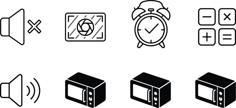 Household appliance and utility icon collection vector illustration featuring volume controls alarm clock calculator camera and microwave symbols