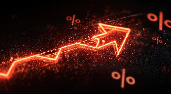 Fiery arrow charts a steep upward trend, with glowing percentages in background