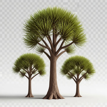 3D digital illustration of three Hyphaene trees featuring branched textured brown trunks and rounded clusters of sharp green needle-like foliage, isolated on a white background.