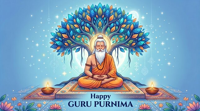 Happy guru purnima celebration vector illustration with guru meditating under a tree design art image