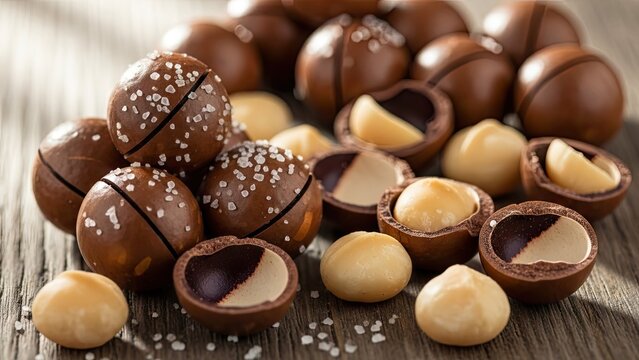 Assorted chocolate truffles with macadamia nuts and sea salt.