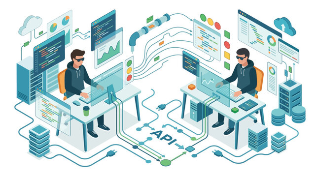 Isometric vector illustration of two software developers at computer workstations connected by data pipelines, servers, and API systems with coding screens and cloud computing icons.
