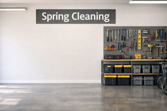 Spring cleaning garage with organized tools and storage, perfect for background