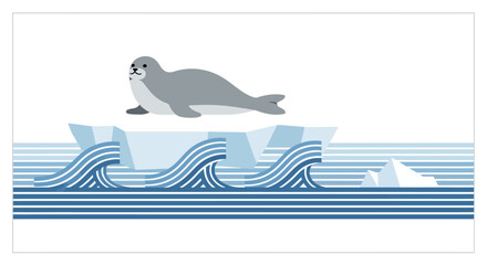 Minimalist flat vector illustration of a gray seal resting on an iceberg in the arctic ocean. © Jaka