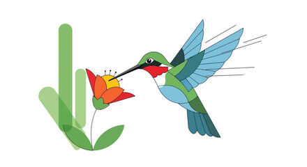 Minimalist vector illustration of a colorful hummingbird drinking nectar from a red flower © Jaka