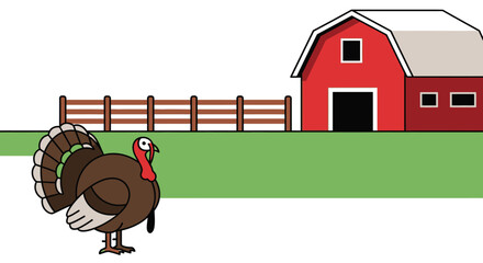 A cartoon turkey stands in front of a red barn and fence on a green field. © Jaka