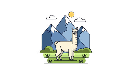 Flat line art illustration of a llama in a mountain landscape © Jaka