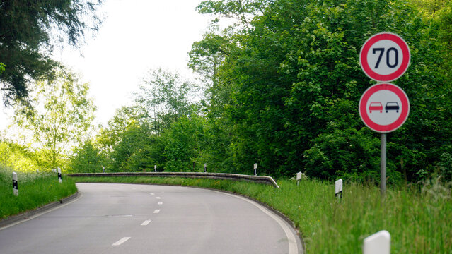 A road with traffic signs runs through a forest in summer, surrounded by tall green trees and dense woodland vegetation. The scene combines a clear roadway, roadside signs, and a peaceful natural sett