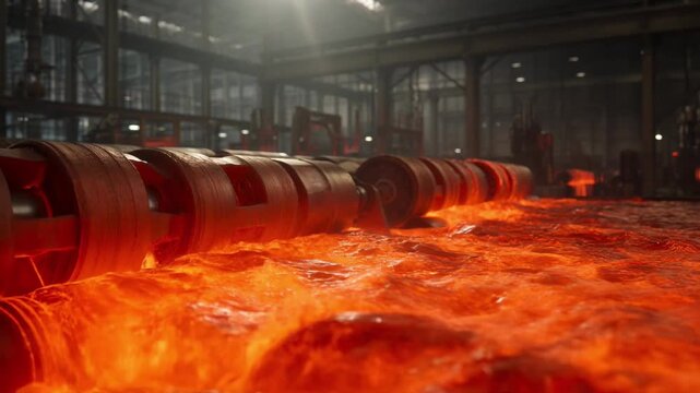 Molten orange metal pouring through industrial machinery intense heat smelting process factory production flow