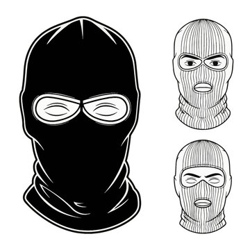 Set of three black and white vector illustrations of balaclava ski masks. Includes a solid black headgear design and two line art versions with ribbed knit textures and facial openings.