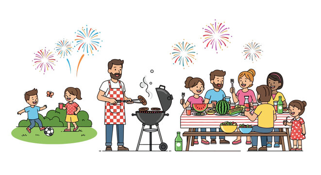 Festive Family Backyard Barbecue Party With Father Grilling Patties Relatives Sharing Meal and Children Playing Under Fireworks