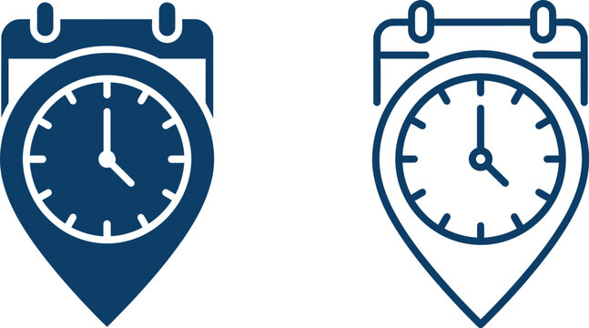 clock time location icon design with blue map pin and white dial for scheduling featuring timer