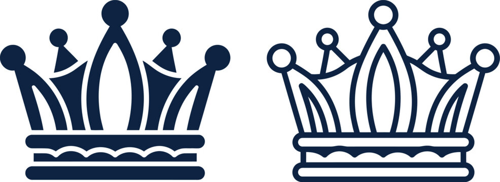 crown icon set with solid and outline figures and books for royal design use featuring icons